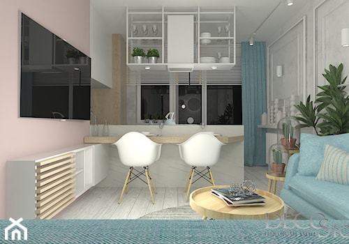 PASTELOWO- projekt salonu z kuchnią na 18m2 - Mały biały szary salon z kuchnią z jadalnią, styl skandynawski - zdjęcie od Decostory projekty wnętrz, konsultacje oraz szybkie metamorfozy