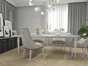 Elegancka i klasyczna jadalnia ze skandynawską cegłą bieloną - zdjęcie od Decostory projekty wnętrz, konsultacje oraz szybkie metamorfozy