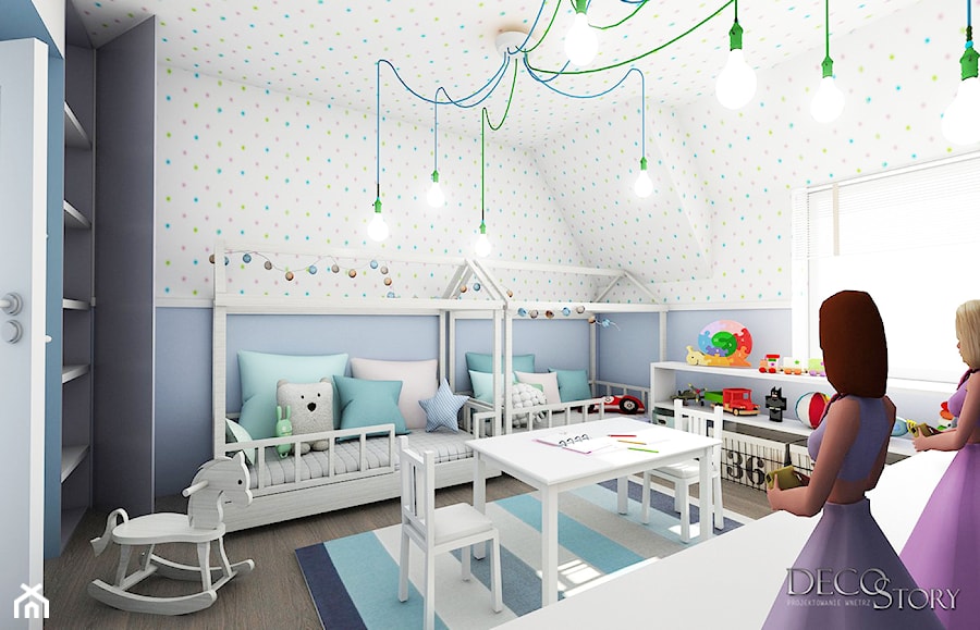 pokój dla bliżniakó na poddaszu - Pokój dziecka, styl skandynawski - zdjęcie od Decostory projekty wnętrz, konsultacje oraz szybkie metamorfozy