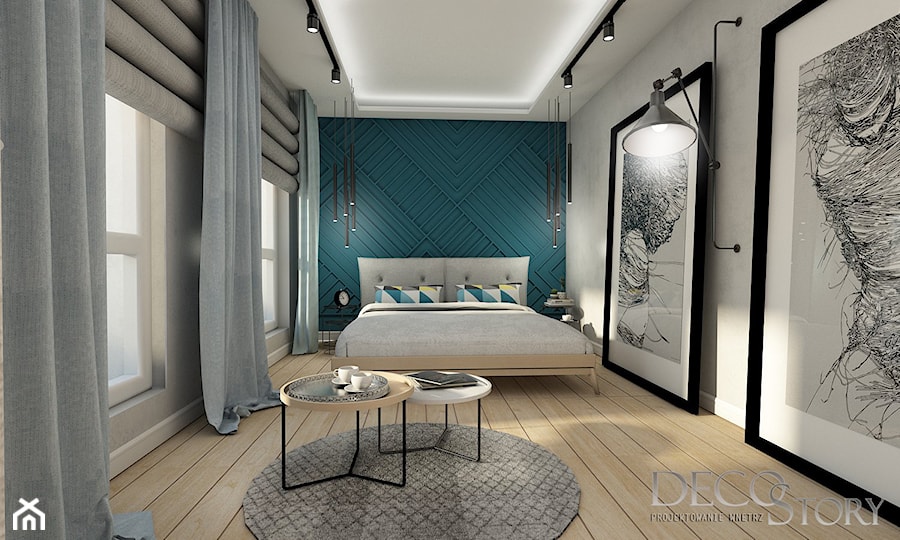 kolorowy salon z kuchnią i sypialnia - Sypialnia, styl minimalistyczny - zdjęcie od Decostory projekty wnętrz, konsultacje oraz szybkie metamorfozy