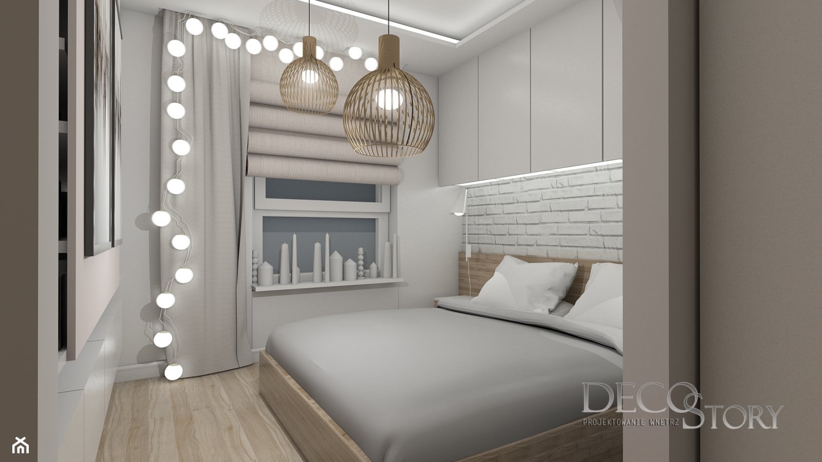 Sypialnia w bieli i dębie z biała cegłą w tle - zdjęcie od Decostory projekty wnętrz, konsultacje oraz szybkie metamorfozy - Homebook