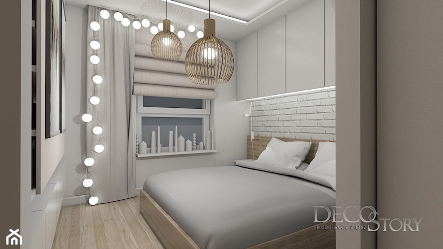 Sypialnia w bieli i dębie z biała cegłą w tle - zdjęcie od Decostory projekty wnętrz, konsultacje oraz szybkie metamorfozy