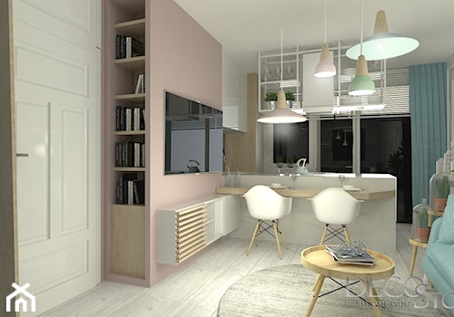 salon z kuchnią i jadalnią w pastelach - zdjęcie od Decostory projekty wnętrz, konsultacje oraz szybkie metamorfozy