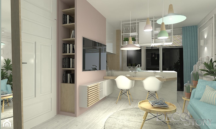 salon z kuchnią i jadalnią w pastelach - zdjęcie od Decostory projekty wnętrz, konsultacje oraz szybkie metamorfozy