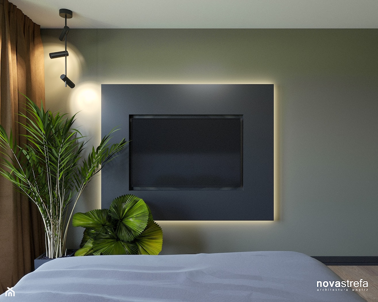 Sypialnia z ukrytym TV w ramie podświetlanej - zdjęcie od Novastrefa - Architektura Wnętrz - Homebook