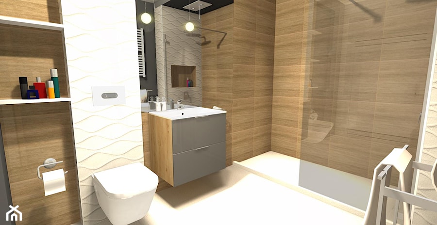 Łazienka w drewnie - Średnia na poddaszu bez okna z lustrem z marmurową podłogą łazienka - zdjęcie od Dobry Plan
