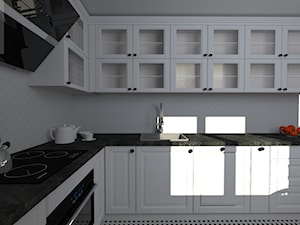 Kuchnia klasyczna - Średnia zamknięta szara z zabudowaną lodówką z nablatowym zlewozmywakiem kuchnia w kształcie litery l z oknem, styl tradycyjny - zdjęcie od Dobry Plan