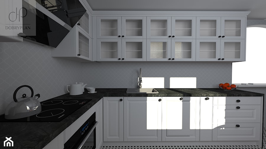 Kuchnia klasyczna - Średnia zamknięta szara z zabudowaną lodówką z nablatowym zlewozmywakiem kuchnia w kształcie litery l z oknem, styl tradycyjny - zdjęcie od Dobry Plan