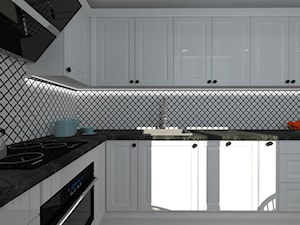 Kuchnia klasyczna - Średnia zamknięta szara z zabudowaną lodówką z nablatowym zlewozmywakiem kuchnia w kształcie litery l, styl tradycyjny - zdjęcie od Dobry Plan