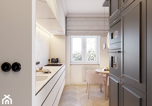 Opposites attract - Średnia otwarta biała z zabudowaną lodówką z podblatowym zlewozmywakiem kuchnia dwurzędowa z oknem, styl nowoczesny - zdjęcie od EDYCJA studio
