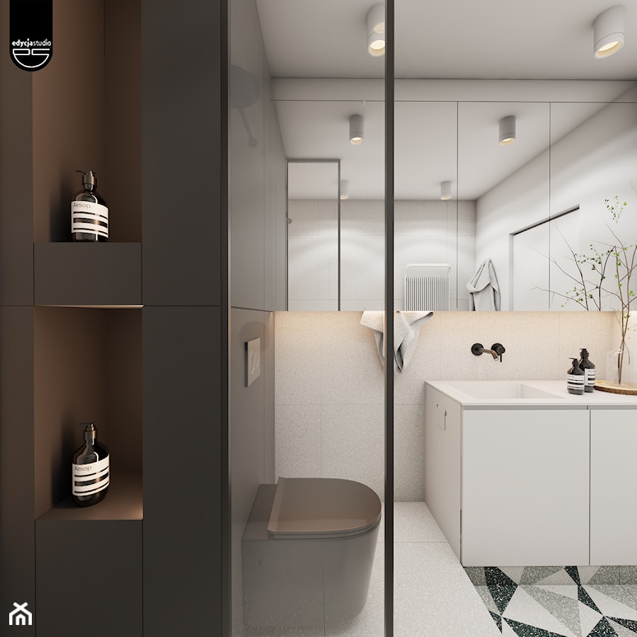 Roomba - Średnia bez okna z lustrem z punktowym oświetleniem łazienka, styl minimalistyczny - zdjęcie od EDYCJA studio