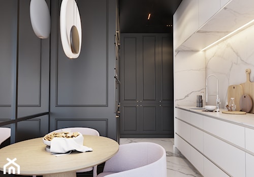 Opposites attract - Średnia szara z zabudowaną lodówką kuchnia dwurzędowa z marmurem nad blatem kuchennym, styl nowoczesny - zdjęcie od EDYCJA studio