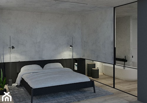 sypialnia - Duża czarna szara sypialnia z łazienką, styl minimalistyczny - zdjęcie od mallumo