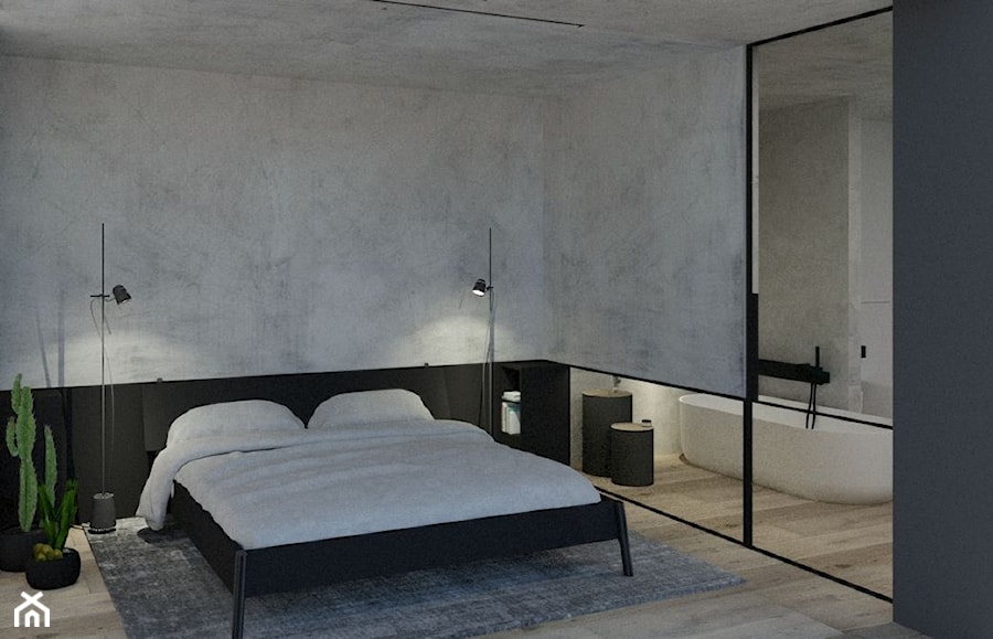 sypialnia - Duża czarna szara sypialnia z łazienką, styl minimalistyczny - zdjęcie od mallumo