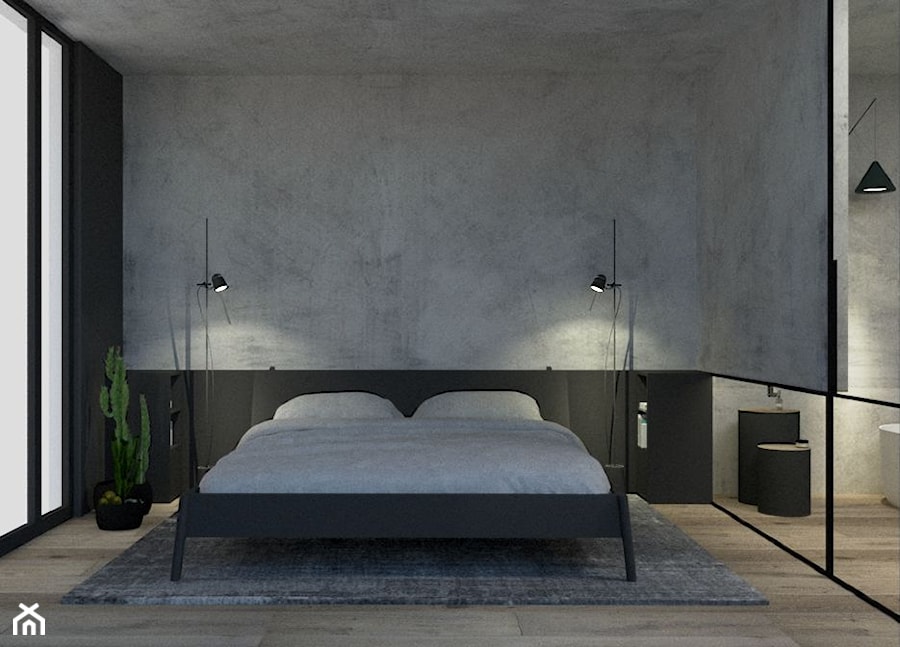 sypialnia - Średnia szara sypialnia z łazienką, styl minimalistyczny - zdjęcie od mallumo
