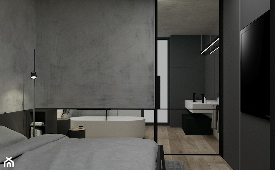 sypialnia - Mała czarna szara sypialnia, styl minimalistyczny - zdjęcie od mallumo