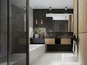 Dom pod Warszawą - Średnia duża z dwoma umywalkami z punktowym oświetleniem łazienka z oknem, styl minimalistyczny - zdjęcie od mallumo