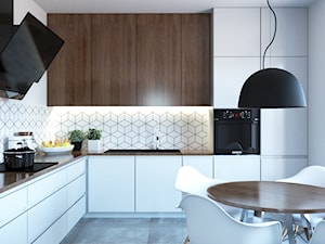 MIESZKANIE II - Średnia zamknięta biała z zabudowaną lodówką z nablatowym zlewozmywakiem kuchnia w kształcie litery l z oknem, styl nowoczesny - zdjęcie od MINIMAL.