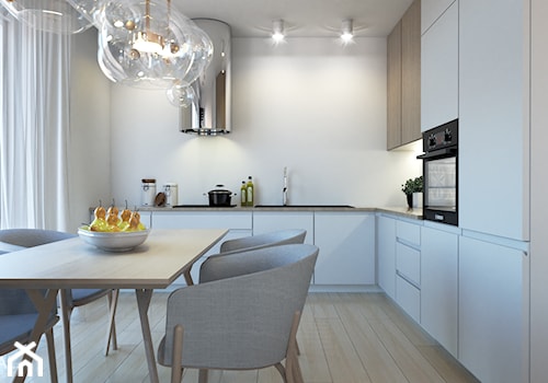 Mieszkanie I - Średnia otwarta biała z zabudowaną lodówką z podblatowym zlewozmywakiem kuchnia w kształcie litery l z oknem, styl nowoczesny - zdjęcie od MINIMAL.