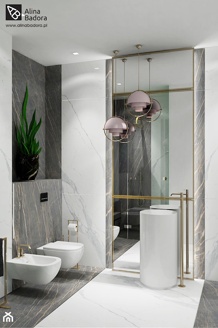 Luksusowe łazienki wraz z sypialnią. - Mała bez okna z lustrem z marmurową podłogą z punktowym oświetleniem łazienka - zdjęcie od Alina Badora - Homebook