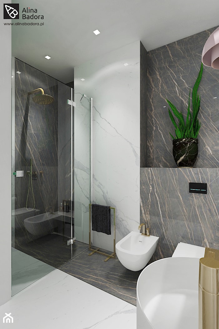 Luksusowe łazienki wraz z sypialnią. - Średnia bez okna z marmurową podłogą z punktowym oświetleniem łazienka, styl nowoczesny - zdjęcie od Alina Badora - Homebook