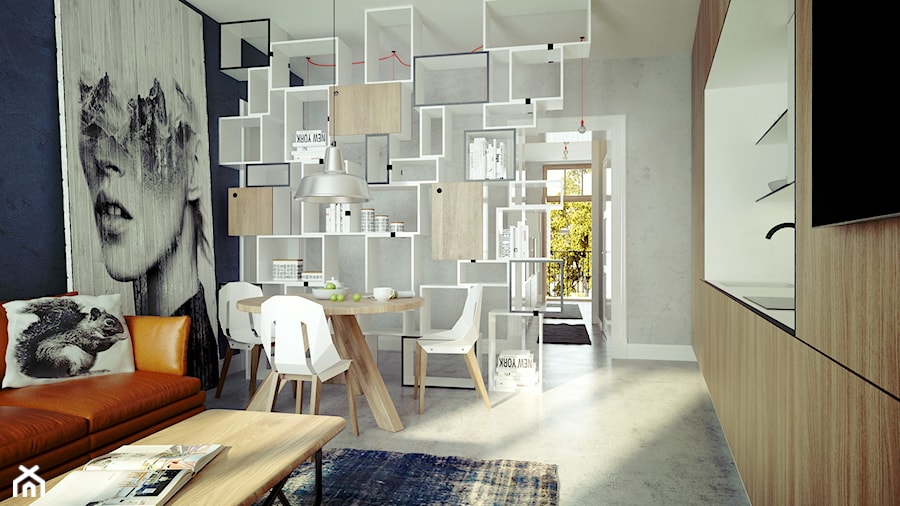 Niewielkie mieszkanie w centrum Krakowa - Mały czarny szary salon z kuchnią z jadalnią, styl skandynawski - zdjęcie od Avocado Concept
