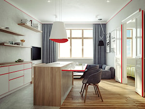 2-pokojowe mieszkanie - 44 m2 - Średnia otwarta z salonem szara z zabudowaną lodówką kuchnia jednorzędowa z wyspą lub półwyspem, styl skandynawski - zdjęcie od Avocado Concept