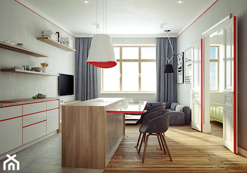 2-pokojowe mieszkanie - 44 m2 - Średnia otwarta z salonem szara z zabudowaną lodówką kuchnia jednorzędowa z wyspą lub półwyspem, styl skandynawski - zdjęcie od Avocado Concept