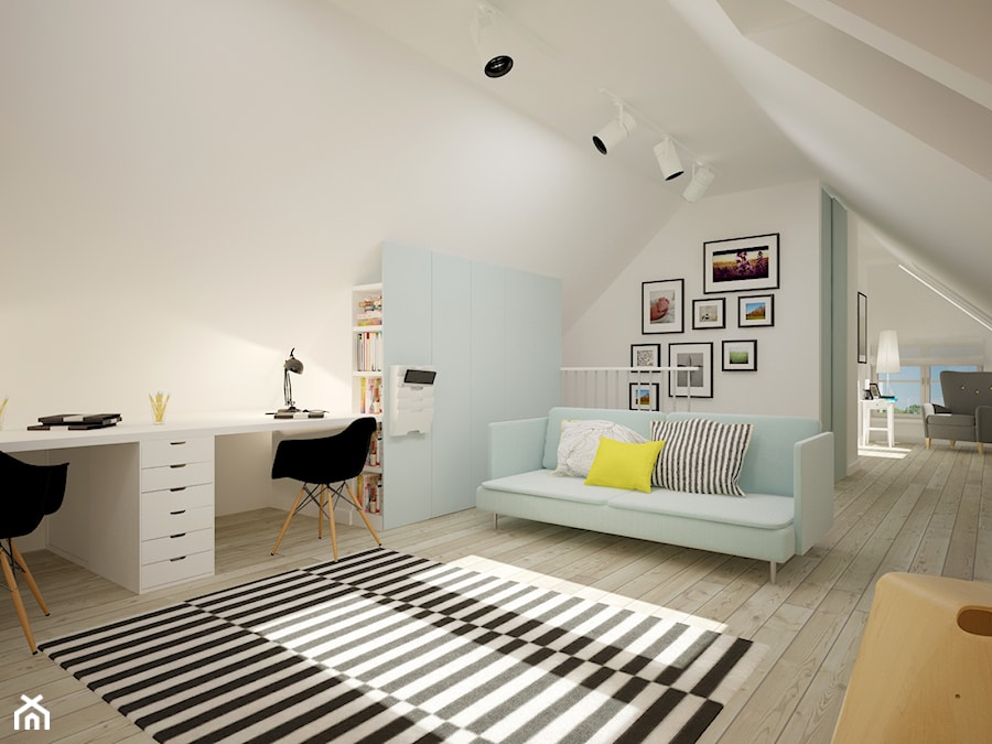 Poddasze dla dzieci - Duży biały pokój dziecka dla nastolatka dla rodzeństwa, styl skandynawski - zdjęcie od Home Plan projektowanie wnętrz Joanna Mielczarek