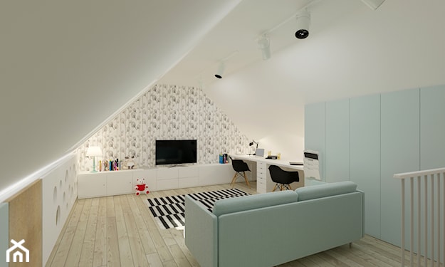 salon na poddaszu, miętowa sofa, dywan w czarno-białe paski, miętowa szafa, drewniana podłoga