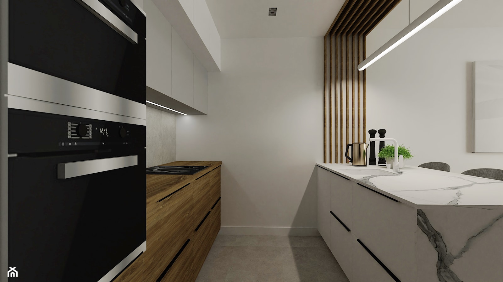 Apartament z ukrytymi drzwiami - Średnia otwarta szara z zabudowaną lodówką kuchnia dwurzędowa, styl minimalistyczny - zdjęcie od Reforma Domu - Homebook