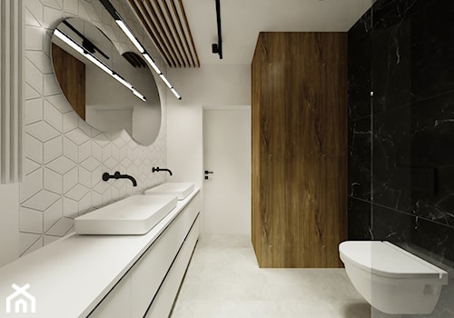 Apartament z ukrytymi drzwiami - Średnia bez okna z lustrem z dwoma umywalkami łazienka, styl minimalistyczny - zdjęcie od Reforma Domu