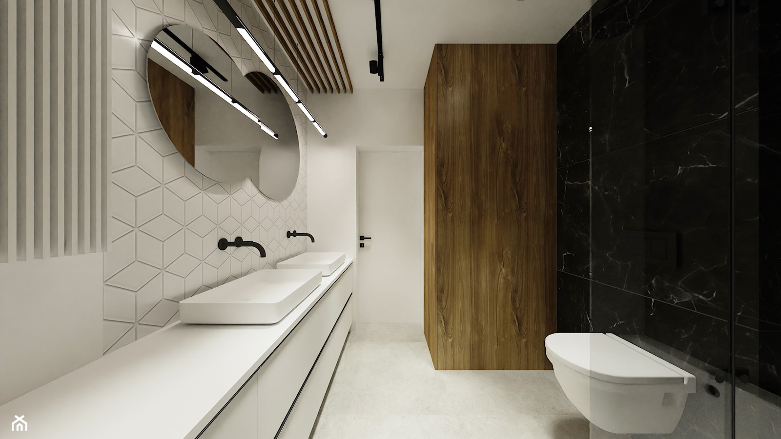 Apartament z ukrytymi drzwiami - Średnia bez okna z lustrem z dwoma umywalkami łazienka, styl minimalistyczny - zdjęcie od Reforma Domu - Homebook