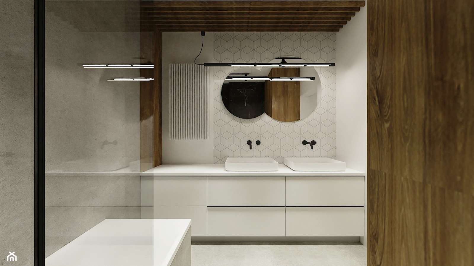 Apartament z ukrytymi drzwiami - Średnia bez okna z dwoma umywalkami łazienka, styl minimalistyczny - zdjęcie od Reforma Domu - Homebook