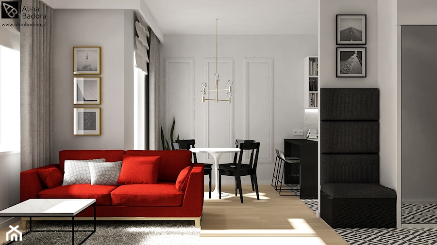 Kropla czerwieni w czarno-białym salonie - zdjęcie od Alina Badora Pracownia Architektury Wnętrz