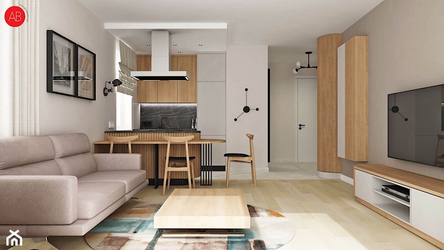 Jasny salon z drewnianymi lamelami - zdjęcie od Alina Badora Pracownia Architektury Wnętrz