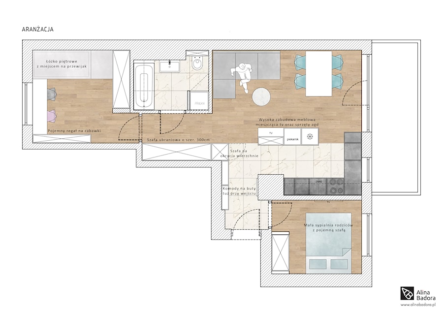 Rzut z góry trzypokojowego mieszkania - zdjęcie od Alina Badora Pracownia Architektury Wnętrz