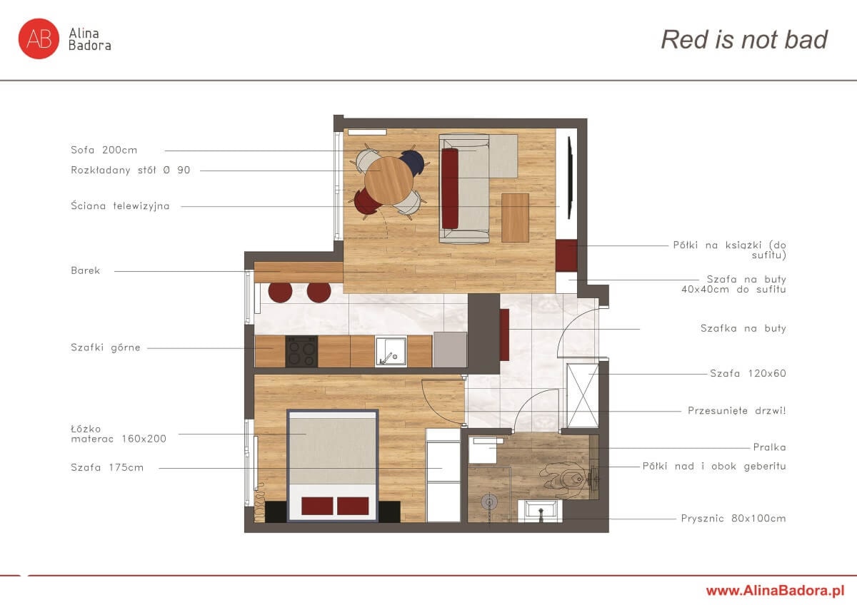 Mieszkanie z czerwonymi akcentami kolorystycznymi - zdjęcie od Alina Badora Pracownia Architektury Wnętrz - Homebook
