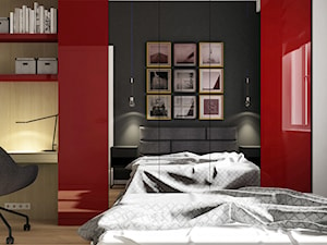 Czarno-biała sypialnia z czerwonym akcentem - zdjęcie od Alina Badora Pracownia Architektury Wnętrz