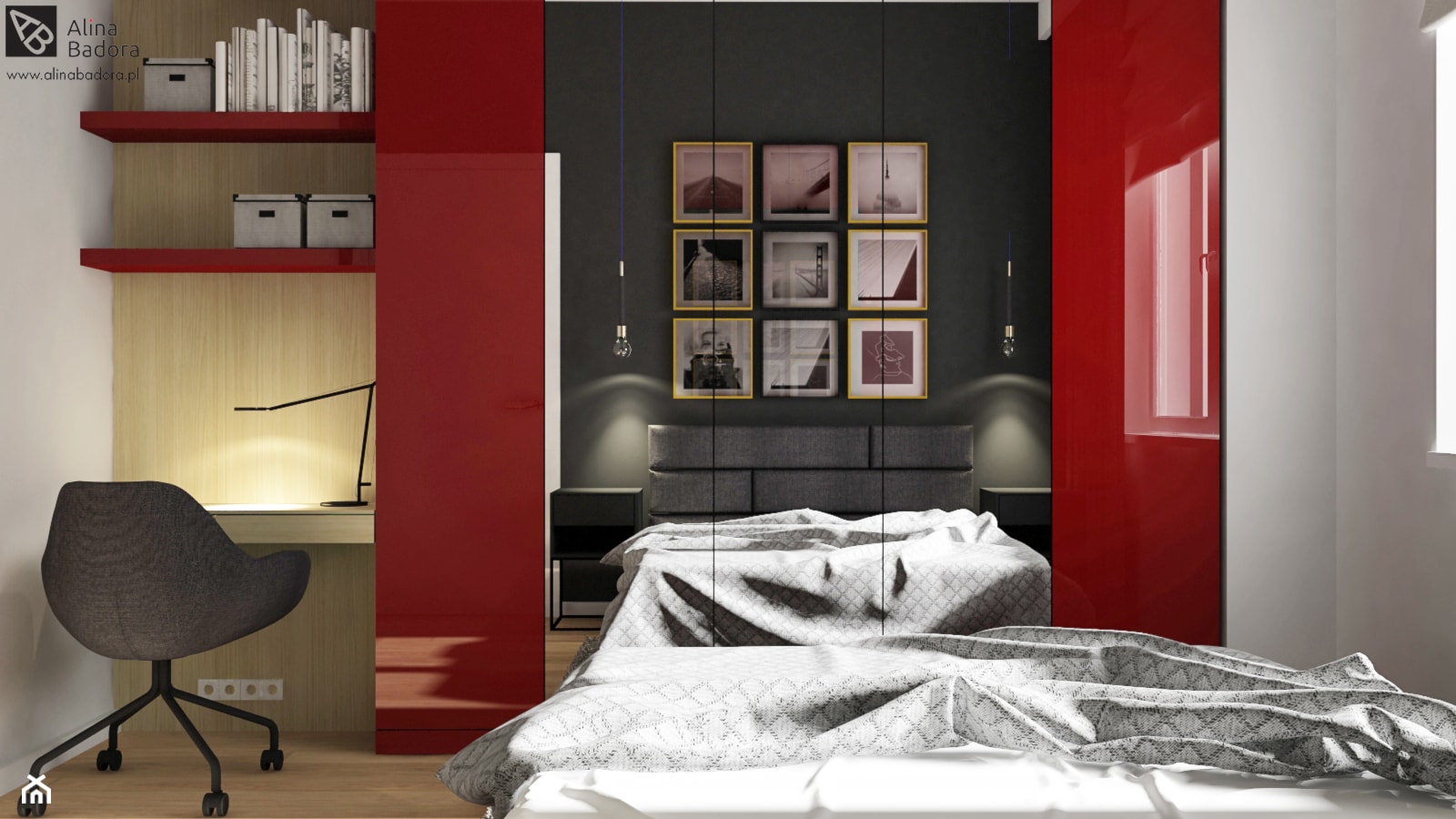 Czarno-biała sypialnia z czerwonym akcentem - zdjęcie od Alina Badora Pracownia Architektury Wnętrz - Homebook