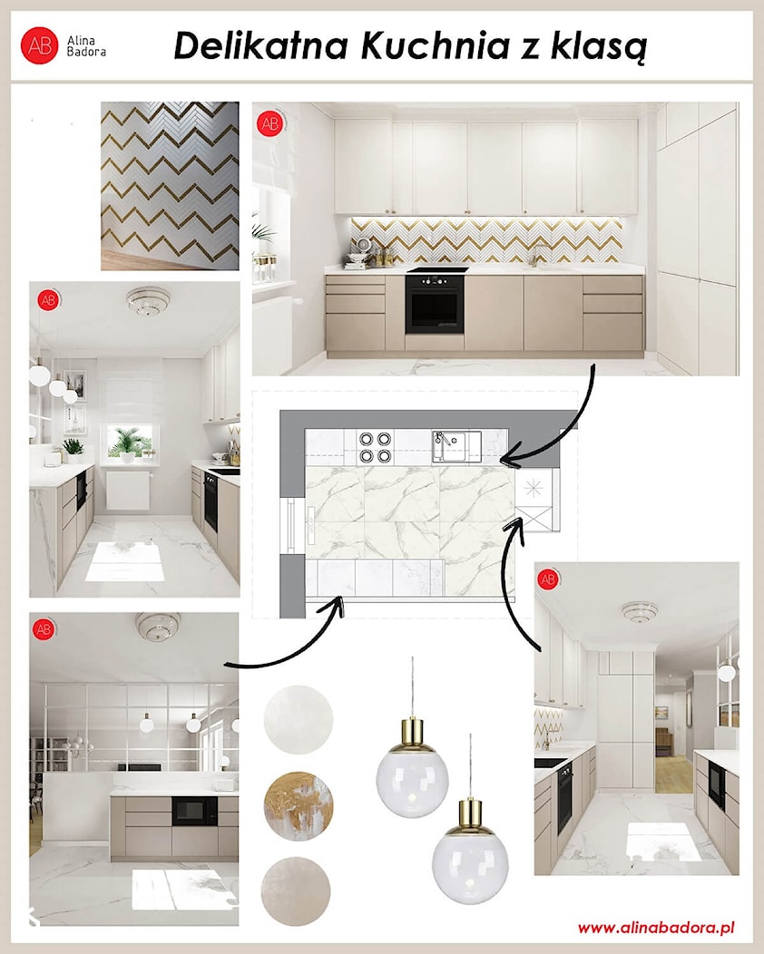 Kuchnia w bieli ze złotymi detalami - zdjęcie od Alina Badora Pracownia Architektury Wnętrz - Homebook