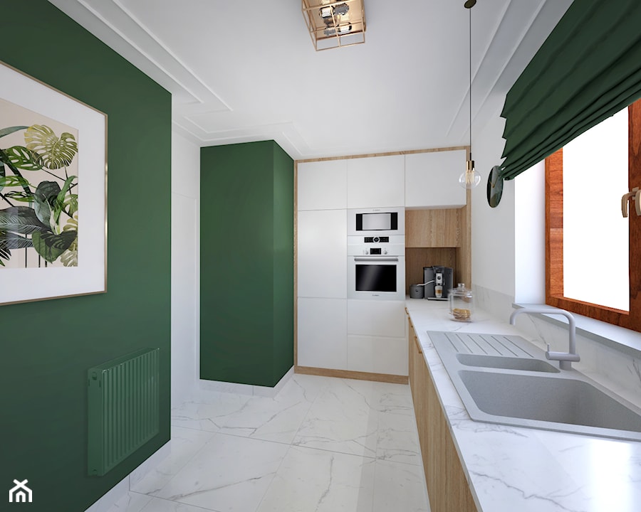 LUBLIN - Duża zamknięta biała zielona z zabudowaną lodówką z lodówką wolnostojącą z nablatowym zlewozmywakiem kuchnia w kształcie litery l z oknem z marmurem nad blatem kuchennym - zdjęcie od Projekt MIMO