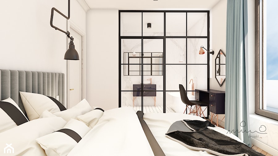 MOKOTÓW K - Średnia biała z biurkiem sypialnia z łazienką - zdjęcie od Projekt MIMO