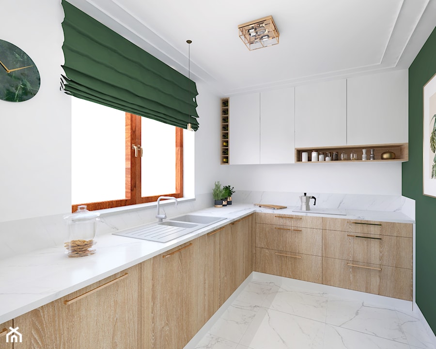 LUBLIN - Średnia zamknięta z kamiennym blatem biała szara zielona z zabudowaną lodówką z nablatowym zlewozmywakiem kuchnia w kształcie litery l z oknem z marmurem nad blatem kuchennym - zdjęcie od Projekt MIMO