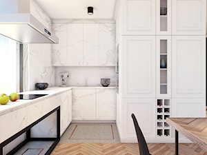 MOKOTÓW K - Mała otwarta z salonem biała z zabudowaną lodówką z podblatowym zlewozmywakiem kuchnia w kształcie litery u z oknem - zdjęcie od Projekt MIMO