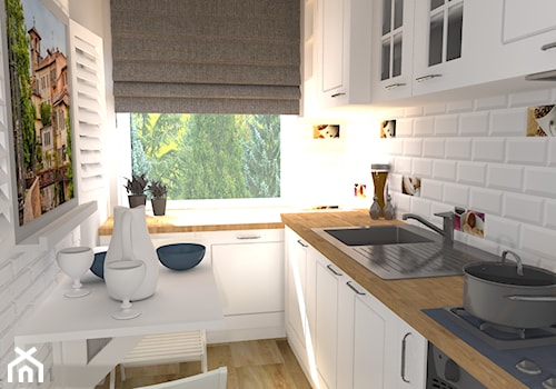 Mieszkanie (Lubliniec) - Mała zamknięta biała z zabudowaną lodówką z podblatowym zlewozmywakiem kuchnia jednorzędowa z oknem, styl glamour - zdjęcie od Agnieszka Buchta-Swoboda Design
