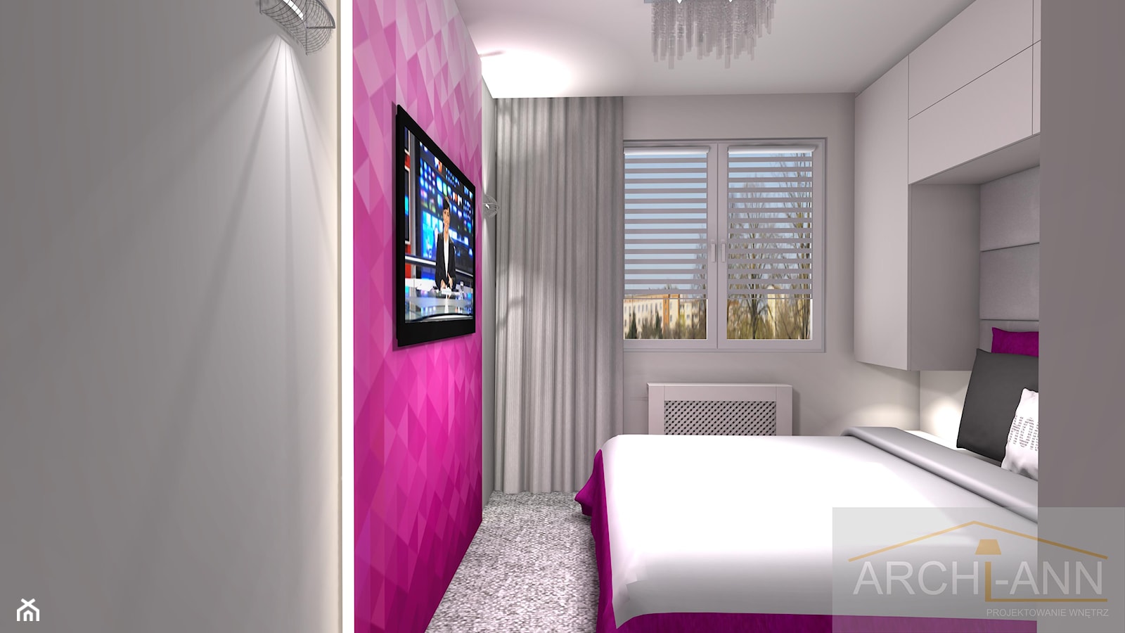 Mieszkanie z akcentem - Mała fioletowa szara sypialnia - zdjęcie od Archi-Ann - Homebook