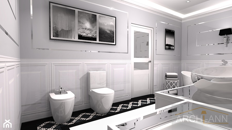 Łazienka w stylu Hampton's - Średnia bez okna ze szkłem na ścianie łazienka, styl glamour - zdjęcie od Archi-Ann