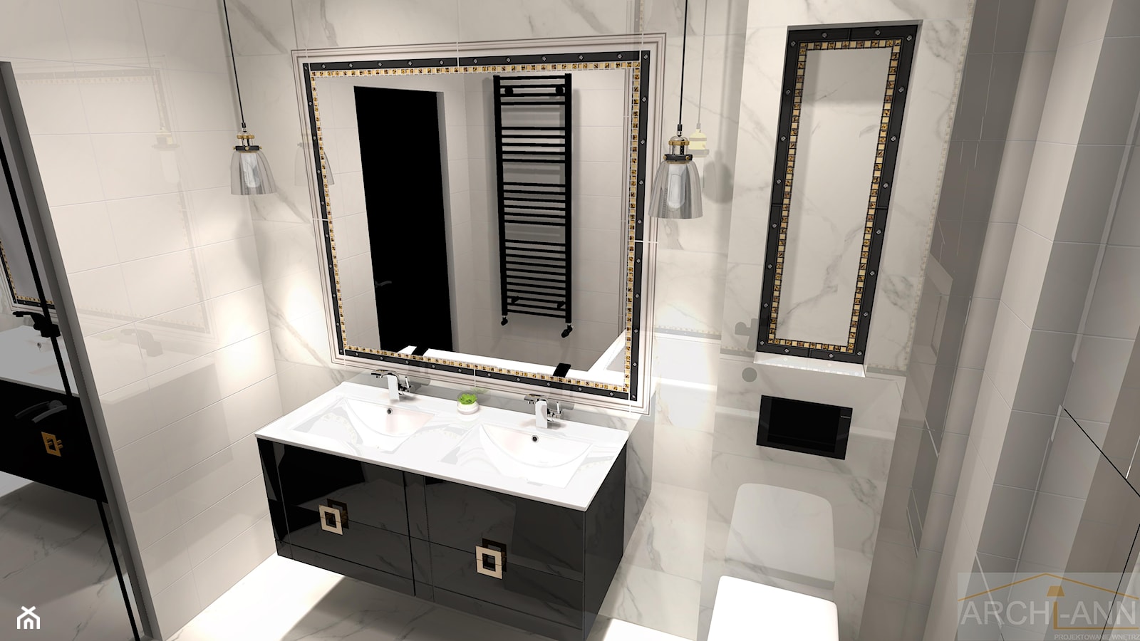 Łazienka a'la Versace - Średnia bez okna z lustrem z dwoma umywalkami z marmurową podłogą łazienka - zdjęcie od Archi-Ann - Homebook