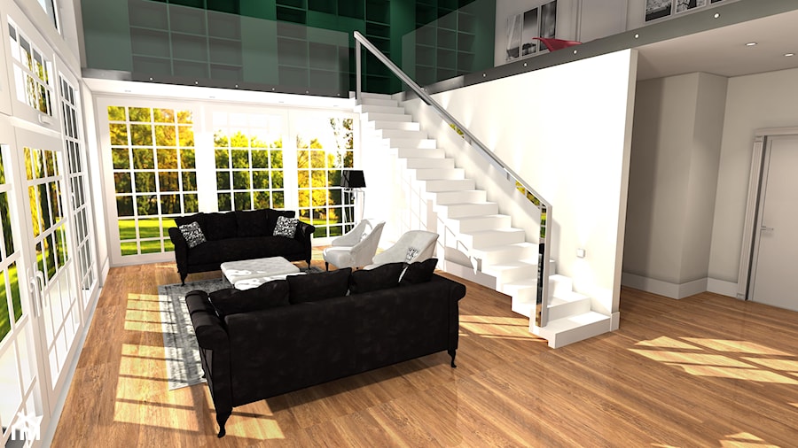 Inspiracja "Parkowa" - Średni biały salon z tarasem / balkonem z antresolą, styl glamour - zdjęcie od Archi-Ann